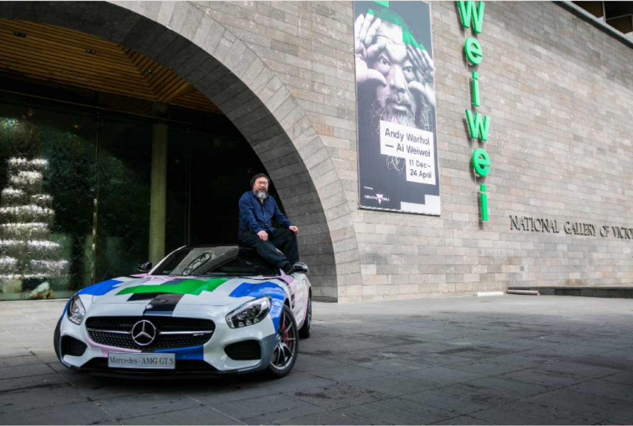 Mercedes-Benz wrapped cars in NGV Forecourt for <em>Andy Warhol | Ai Weiwei</em>