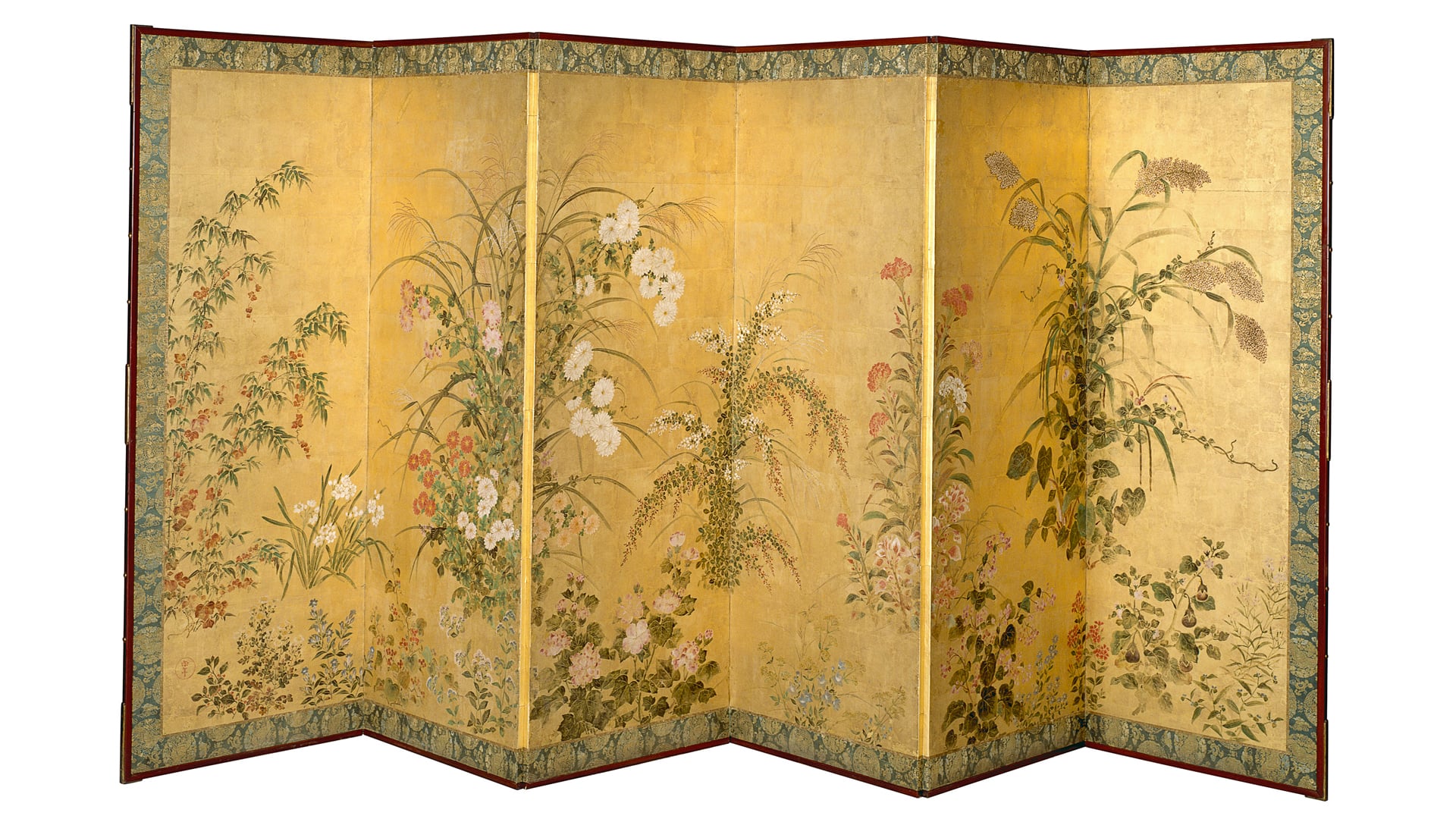 Tawaraya SŌTATSU (school of)<br /> <em>Flowering plants of the four seasons</em> (c. 1630-1640)<br /> (Shikisōka zu 四季草花図)<br /> six panel folding screen: ink and pigments on gold leaf on paper, silk, lacquer on wood, paper, metal<br /> 150.4 x 364.2 cm (image and sheet)<br /> National Gallery of Victoria, Melbourne<br /> Felton Bequest, 1907
