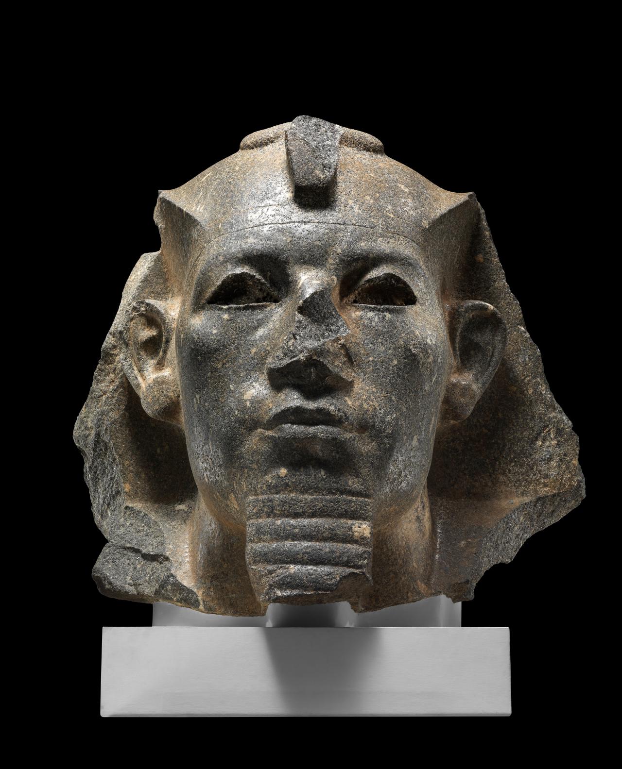Head of a colossal statue, probably King Amenemhat III Egypt, Bubastis 12th Dynasty, reign of Amenemhat III, about 1854–1808 BCE granodiorite H 83cm, W 85cm, D 71cm​ EA1063 © The Trustees of the British Museum